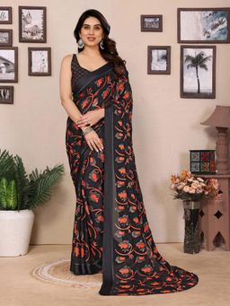Anjaneya Sarees - Women Black Silk Floral Saree with Unstitched Blouse