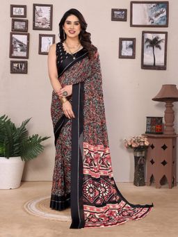 Anjaneya Sarees - Women Black Silk Printed Saree with Unstitched Blouse