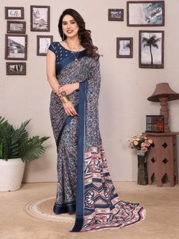 Anjaneya Sarees - Women Blue Silk Printed Saree with Unstitched Blouse