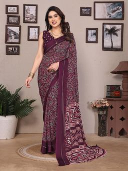 Anjaneya Sarees - Women Wine Silk Printed Saree with Unstitched Blouse