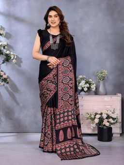 Anjaneya Sarees - Women Black Silk Printed Saree with Unstitched Blouse