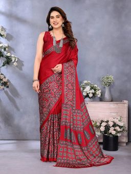 Anjaneya Sarees - Women Red Silk Printed Saree with Unstitched Blouse