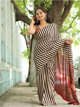 Anjaneya Sarees - Women White Kanjeevaram Stripes Saree with Unstitched Blouse