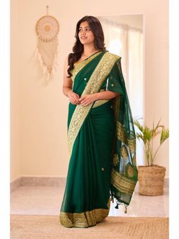 Anjaneya Sarees - Women Green Kanjeevaram Woven Saree with Unstitched Blouse