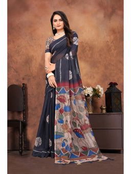 Anjaneya Sarees - Women Black Silk Printed Saree with Unstitched Blouse