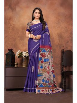 Anjaneya Sarees - Women Blue Silk Printed Saree with Unstitched Blouse