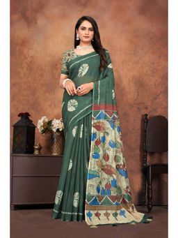Anjaneya Sarees - Women Green Silk Printed Saree with Unstitched Blouse