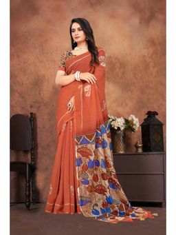 Anjaneya Sarees - Women Orange Silk Printed Saree with Unstitched Blouse