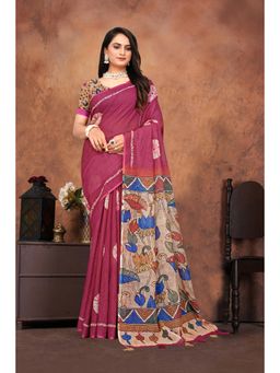 Anjaneya Sarees - Women Pink Silk Printed Saree with Unstitched Blouse