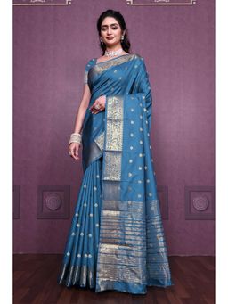 Anjaneya Sarees - Women Teal Kanjeevaram Woven Saree with Unstitched Blouse