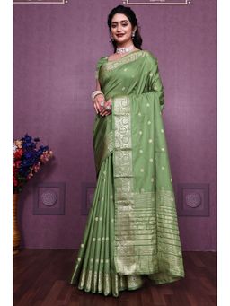 Anjaneya Sarees - Women Green Kanjeevaram Woven Saree with Unstitched Blouse