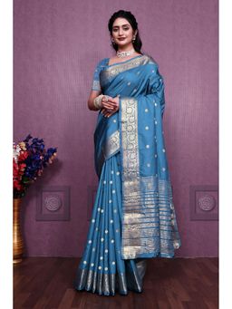 Anjaneya Sarees - Women Teal Kanjeevaram Woven Saree with Unstitched Blouse
