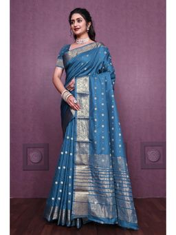 Anjaneya Sarees - Women Teal Kanjeevaram Woven Saree with Unstitched Blouse