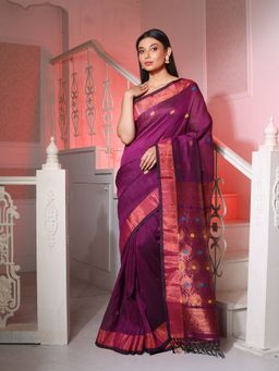 CHARUKRITI - Purple Linen Handwoven Saree with Floral Buttas and Pallu with Unstitched Blouse