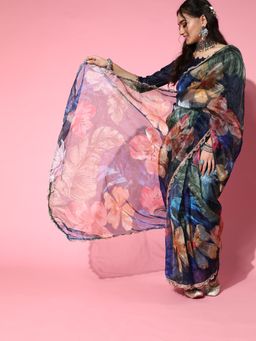 Tikhi Imli - Navy Blue Floral Printed Organza Saree with Scalloped Border with Unstitched Blouse
