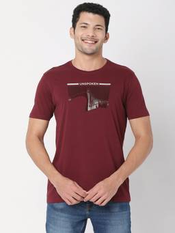 Spykar - Wine Cotton Half Sleeve Printed Casual T-Shirt for Men