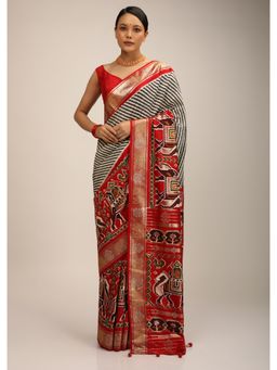KALKI FASHION - Red Saree Multi Colored Patola Print and Diagonal Stripes with Unstitched Blouse