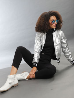 Campus Sutra - Grey Women Solid Bomber Casual Jacket