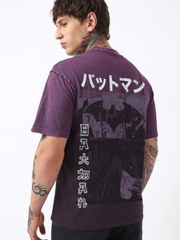 Bewakoof - Official DC Men's Wine Plum Purple Batman Graphic Printed Oversized Ombre Acid Wash T-shirt