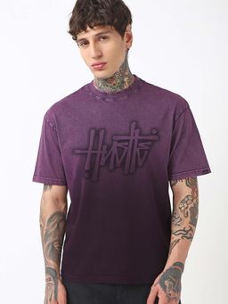 Bewakoof - Men's Wine Plum Purple Hustle Typography Oversized Ombre Acid Wash T-shirt
