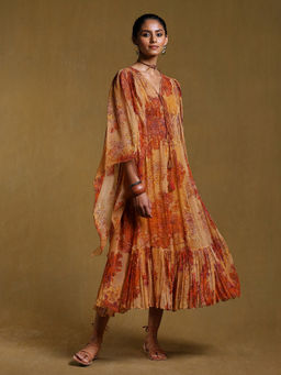 Ritu Kumar - Mustard Printed Kaftan Dress with Inner (Set of 2)