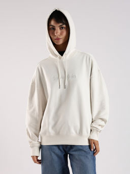 Calvin Klein - Regular Fit Off White Cotton Hooded Neck Hoodie