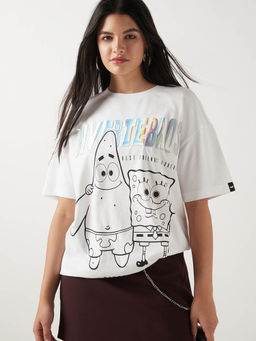 Bewakoof - SpongeBob Women's White Invertebros Graphic Printed Oversized T-shirt