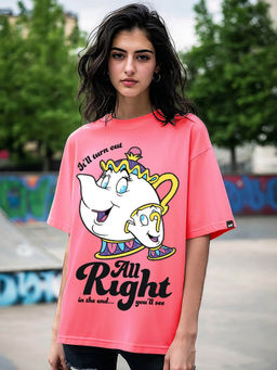 Bewakoof - Heavy Duty 1.0 Disney Women's Pink All Right Graphic Printed Oversized T-shirt