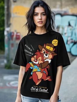 Bewakoof - Heavy Duty 1.0 Disney Women's Black Double Trouble Graphic Printed Oversized T-shirt