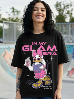 Bewakoof - Official Disney Women's Black My Glam Era Graphic Printed Oversized T-shirt