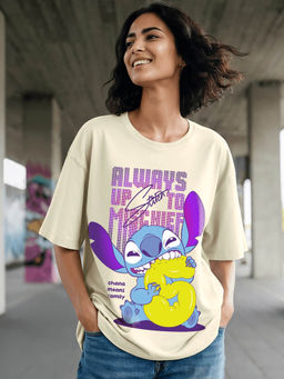 Bewakoof - Official Disney Women's Gardenia Stitch Mischief Graphic Printed Oversized T-shirt