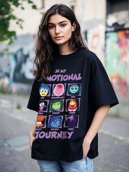 Bewakoof - Heavy Duty 1.0 Disney Women's Black Emotional Journey Graphic Printed Oversized T-shirt
