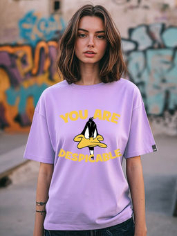Bewakoof - Official Looney Tunes Women's Purple Nobody Move Graphic Printed Oversized T-shirt