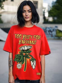 Bewakoof - Women's Fiesta Red Too Busy Graphic Printed Oversized T-shirt