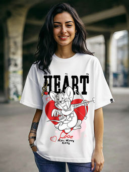 Bewakoof - Official Tom & Jerry Women's White Key To My Heart Graphic Printed Oversized T-shirt