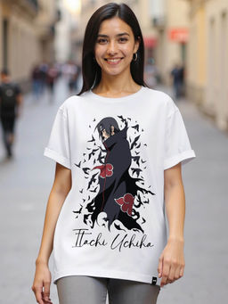 Bewakoof - Official Naruto Women's White Itachi Genjutsu Graphic Printed Boyfriend T-shirt