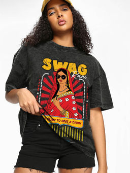 Bewakoof - Women's Black Swag Rani Graphic Printed Oversized Acid Wash T-shirt