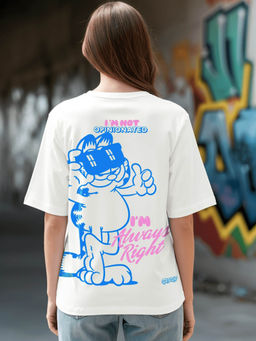 Bewakoof - Official Garfield Women's White Mad Cool Graphic Printed Oversized T-shirt