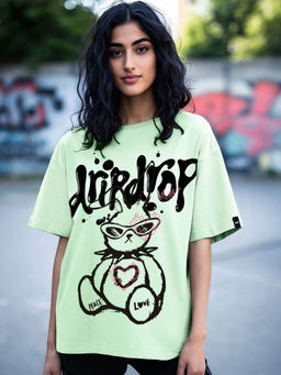 Bewakoof - Women's Bird Egg Green Drip Drop Graphic Printed Oversized T-shirt