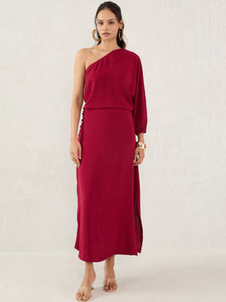 Femmella - Maroon One Shoulder Skirt Co-Ord (Set of 2)