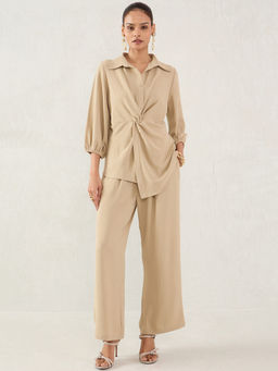 Femmella - Beige Front Twist Co-Ord (Set of 2)