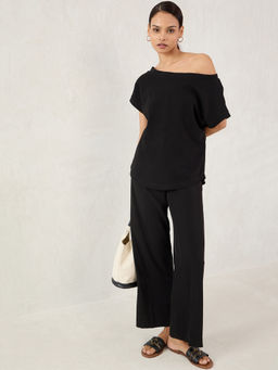 Femmella - Black Cotton Knit One Shoulder Co-Ord (Set of 2)