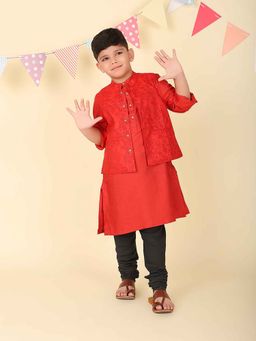 Fabindia - Red Floral Kurta and Nehru Jacket (Set of 2)
