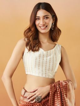 Fabindia - Off White Cotton Silk Blend Woven Stitched Blouse