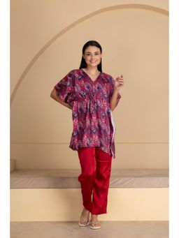 Private Lives - Abstract Printed Satin Kaftan with Pyjama Wine