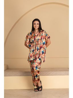 Private Lives - Printed Satin Kaftan Beige