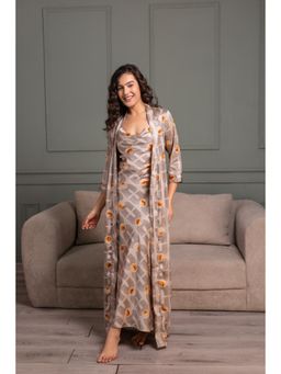 Private Lives - Printed Satin Nightdress and Robe Beige