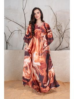 Private Lives - Brown Tie and Dye Printed Satin Kaftan