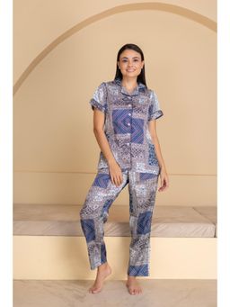 Private Lives - Satin Printed Classic Collar Night Suit Blue