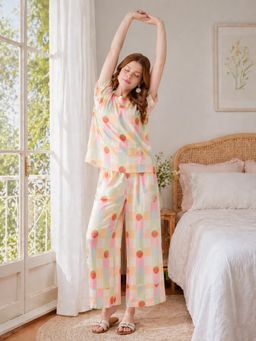 Noite Luxe - Strawberry Dream Cut-Sleeve Cotton Nightsuit Multi-Color